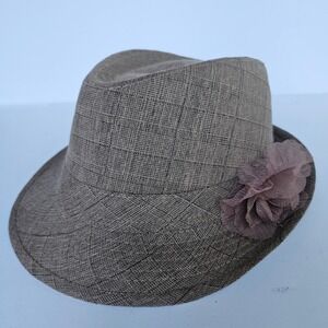 Adult Charming Charlie Fedora Hat Taupe Linen Blend Flower Accent Summer Sun Hat